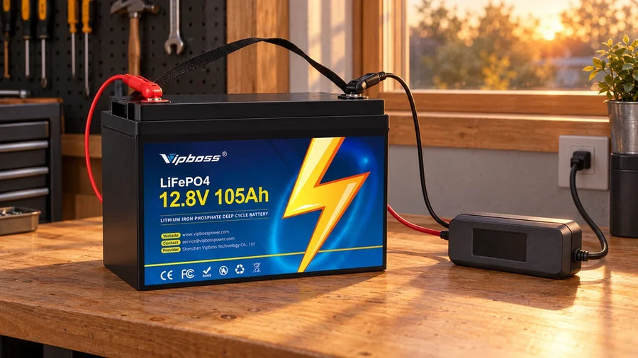 Vipboss 12V 105Ah LiFePO4 battery connected to a smart charger on a garage workbench