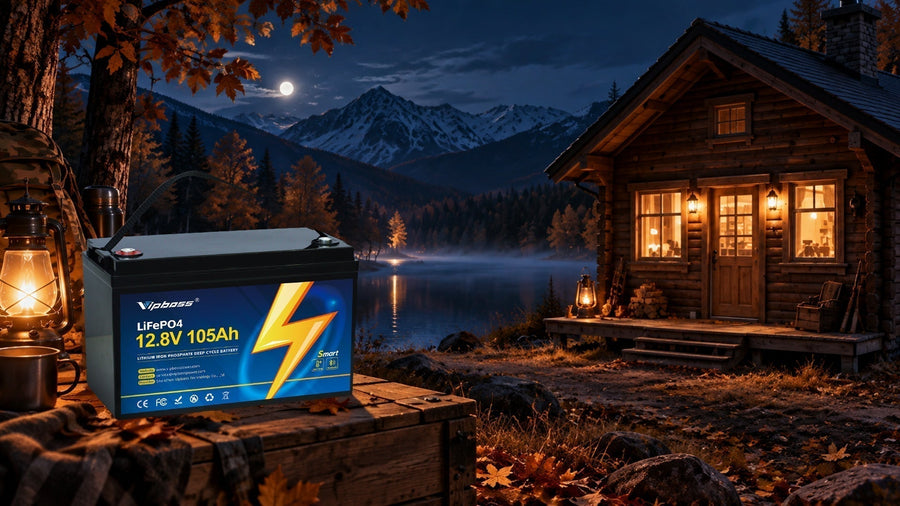 Lantern-lit hunting cabin at night by the lake with a 12.8V 105Ah LiFePO4 battery.
