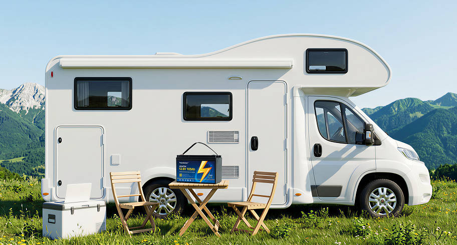 A white RV parked in a mountain meadow, with an RV battery on a table beside chairs and a cooler.