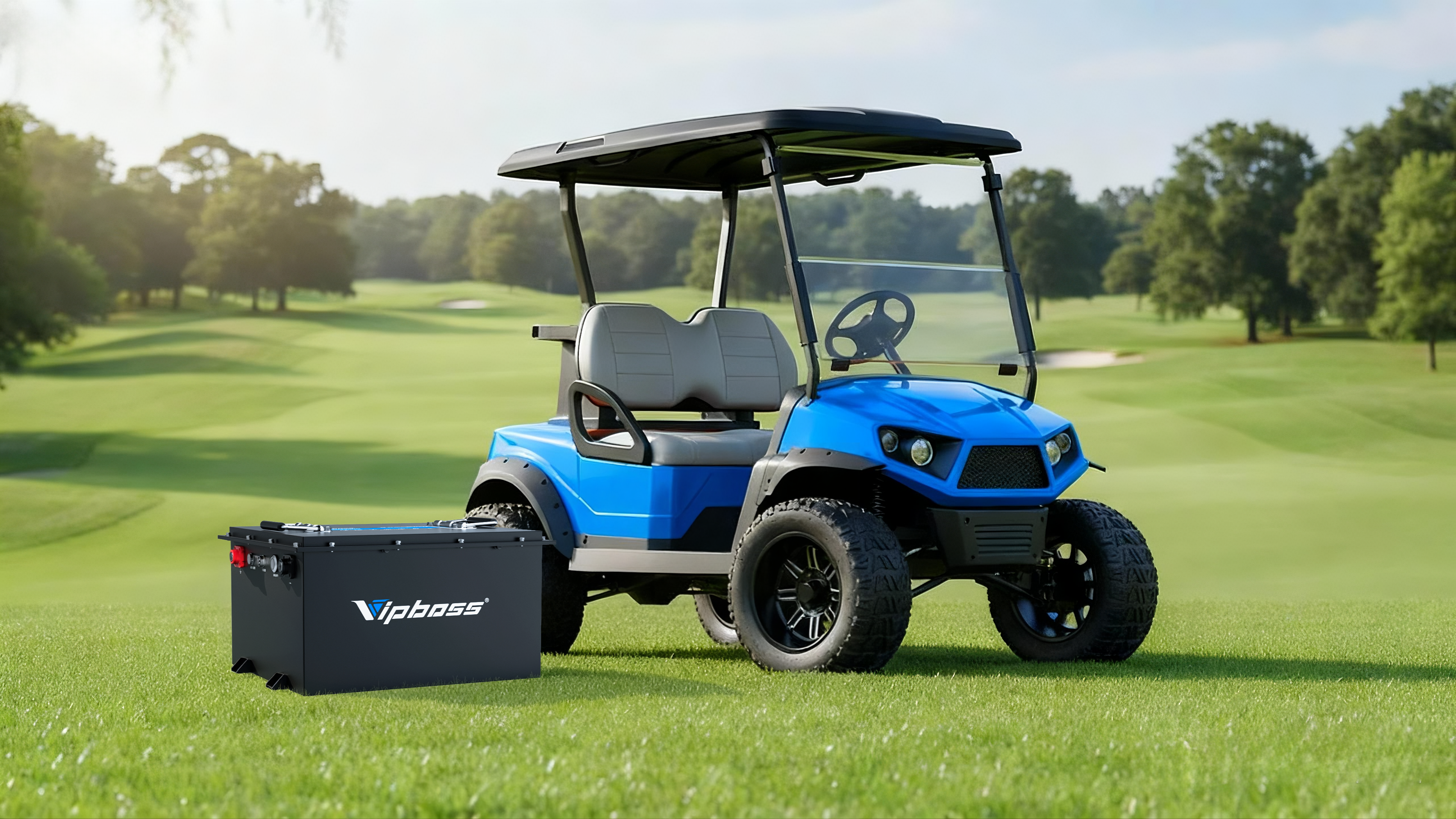 A blue golf cart with a black roof is parked on a lush green golf course, next to a VIPBOSS battery box. Trees and fairways stretch into the distance under a clear sky.