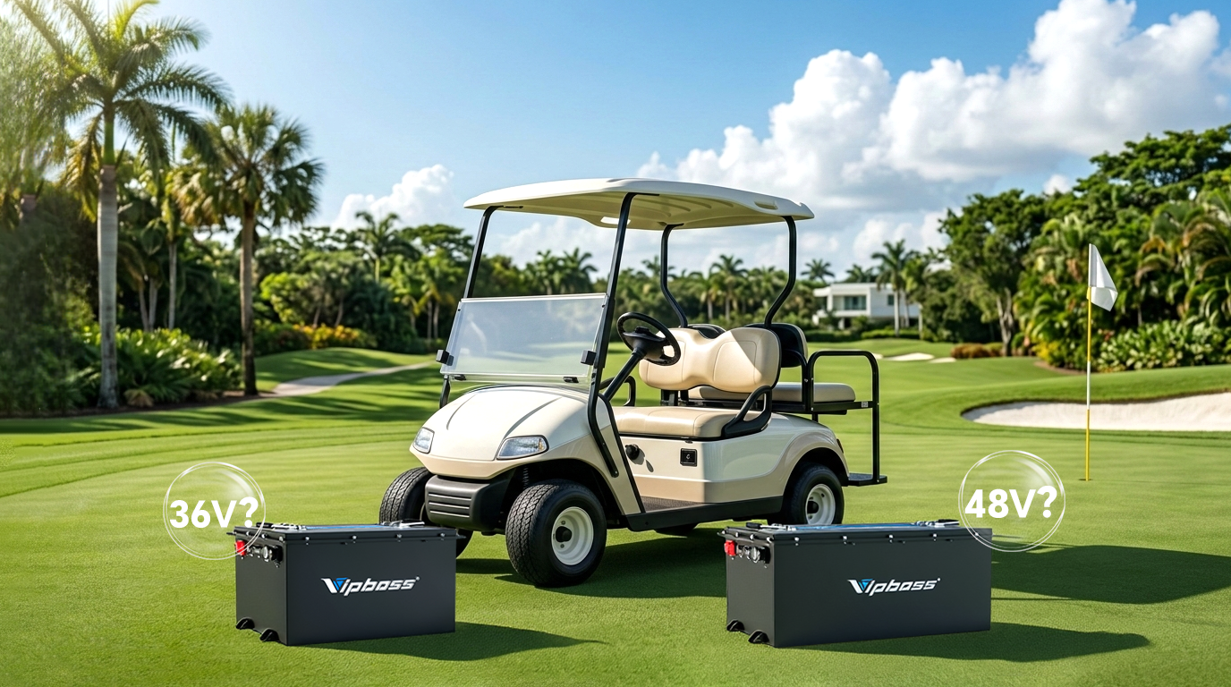 Side-by-side comparison of 36V and 48V Vipboss lithium golf cart batteries displayed in front of carts on a green course.