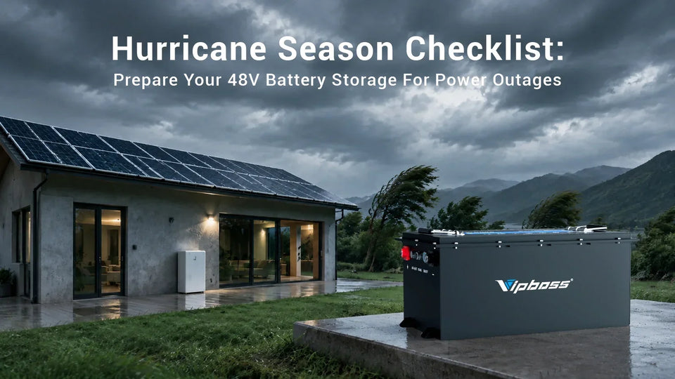 Hurricane season 48V battery bank checklist: a solar-powered home with 48V battery storage ready for storm outages.