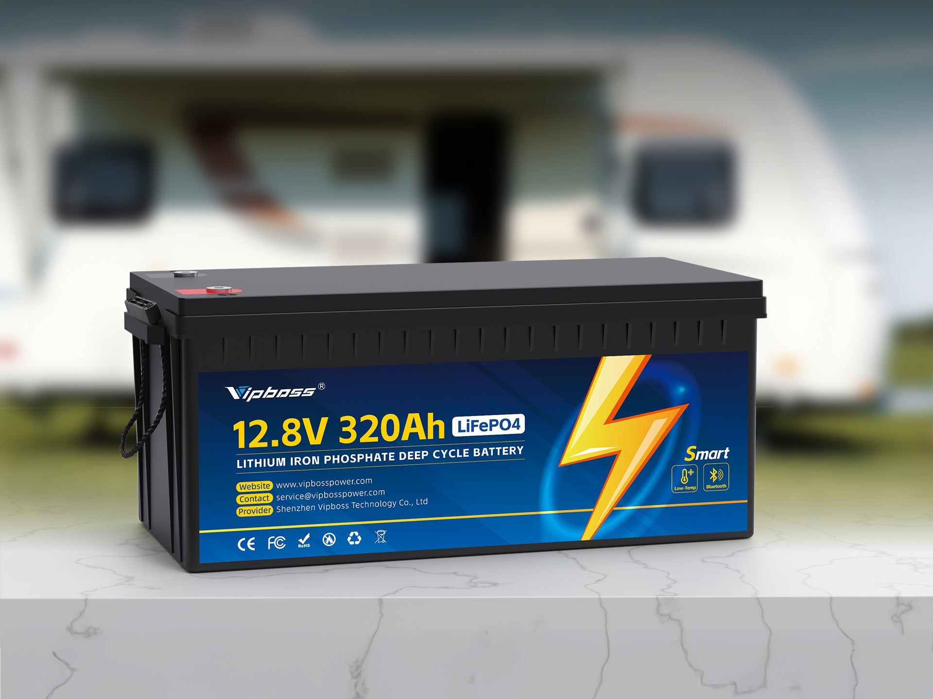 A 12.8V 320Ah LiFePO4 deep cycle battery by VIPBOSS, designed for RVs and outdoor power needs.