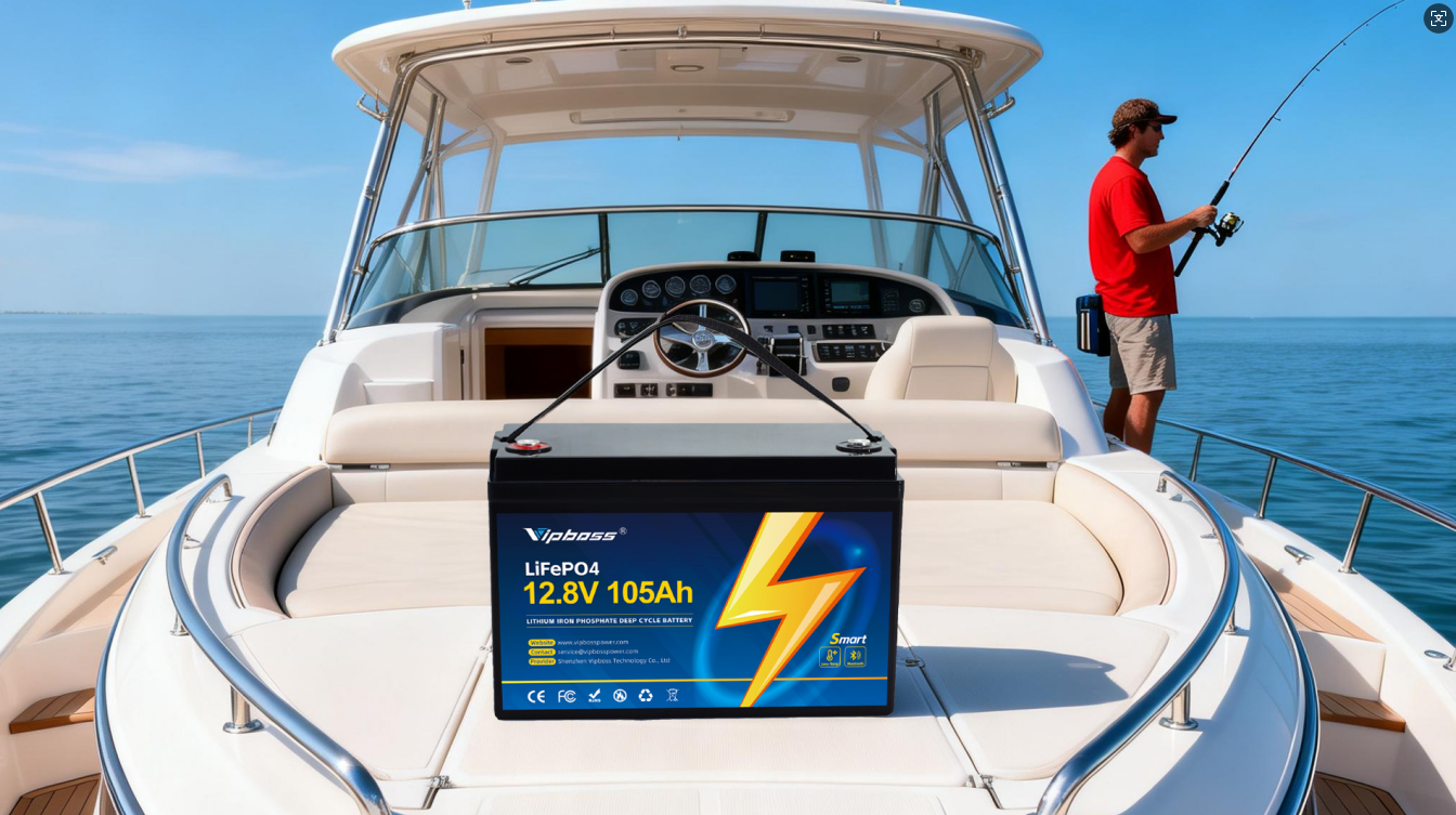 VIPBOSS 12.8V 105Ah LiFePO4 battery on a boat – ideal lithium batteries for trolling motors and marine use.