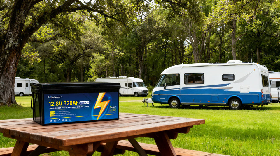 RV lithium battery on picnic table in a forested campground with parked RVs in the background.
