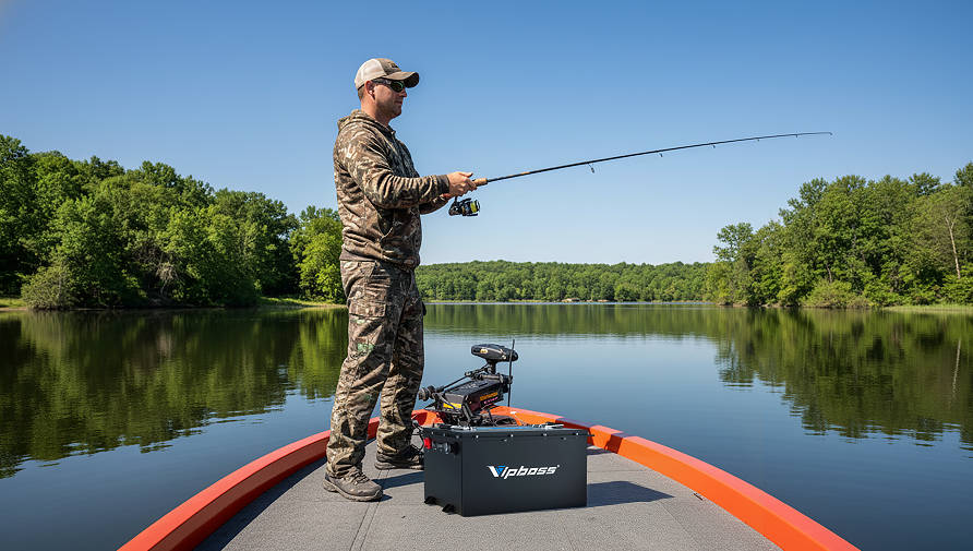 A man fishes from a boat on a calm lake, with a lithium-ion trolling motor battery placed nearby.