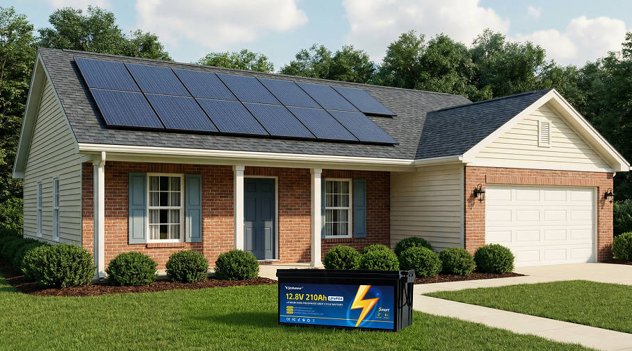 Lithium-ion battery in front of a house with solar panels on the roof.
