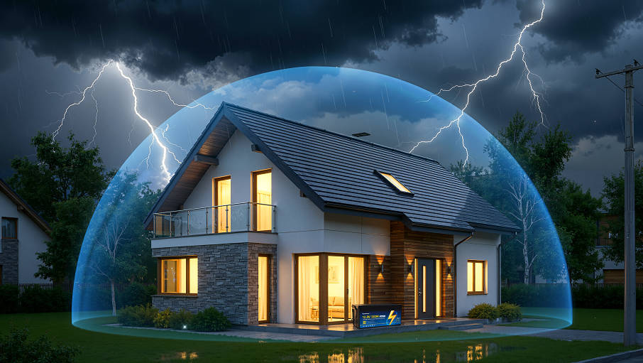 Modern house protected by a transparent dome during a storm, with lights on and a battery visible.