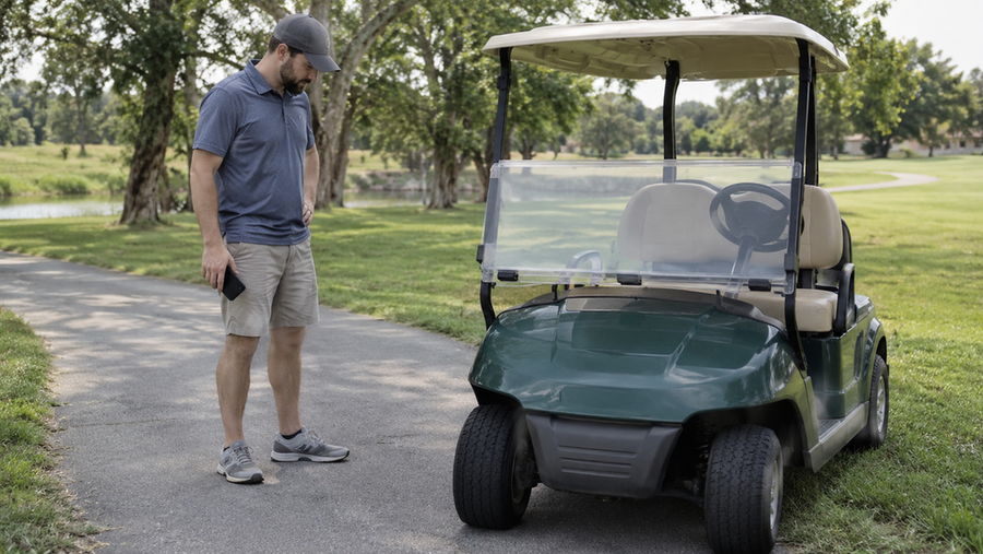 A person standing beside a stopped golf cart while holding a phone.