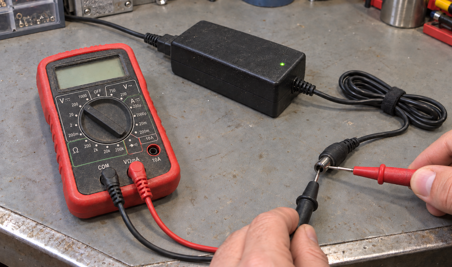 Overhead charger polarity test with all cables resting naturally on a service mat