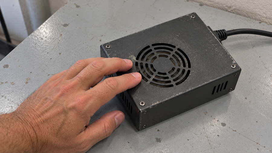Close view of a hand touching a compact battery charger to check its case temperature