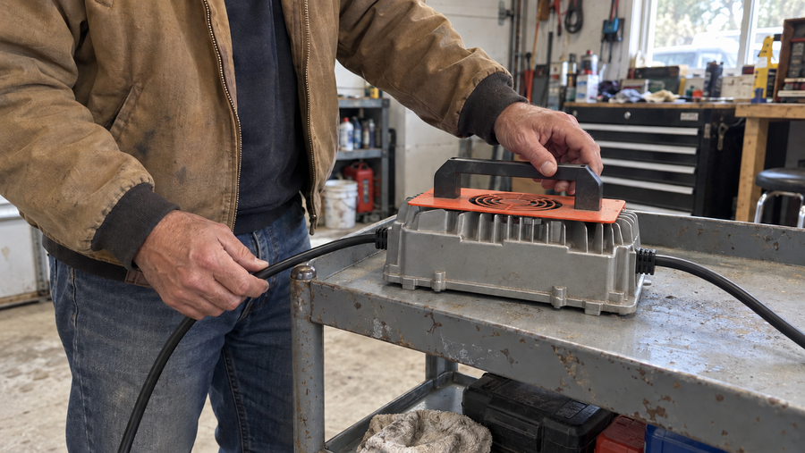 Technician inspecting a disconnected battery charger before making a connection