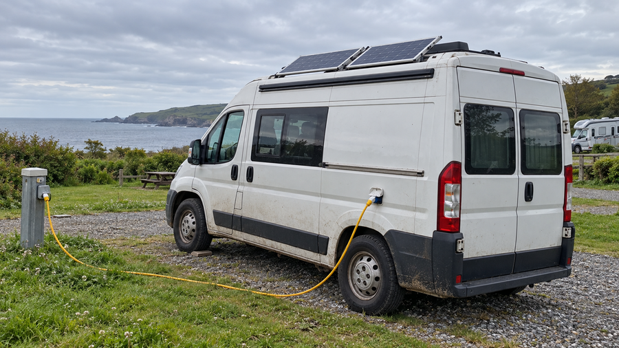 Campervan with rooftop solar and a shore-power cable at a campsite