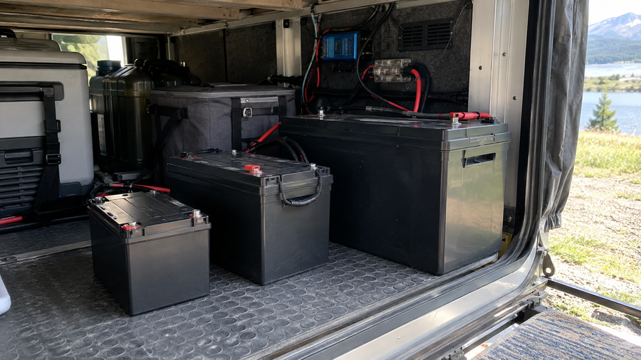 Three generic batteries in a camper storage bay