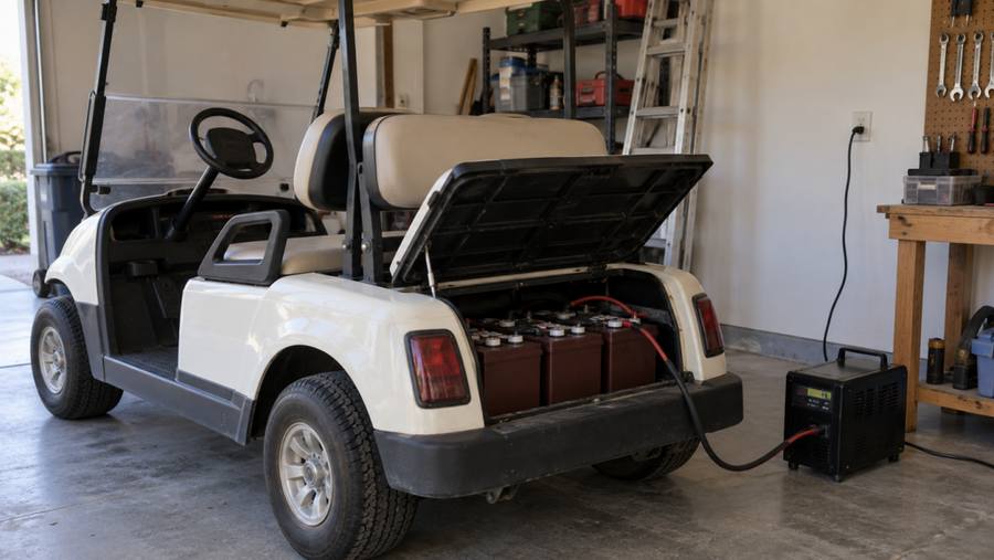 A golf cart charging inside a garage with its battery compartment open.