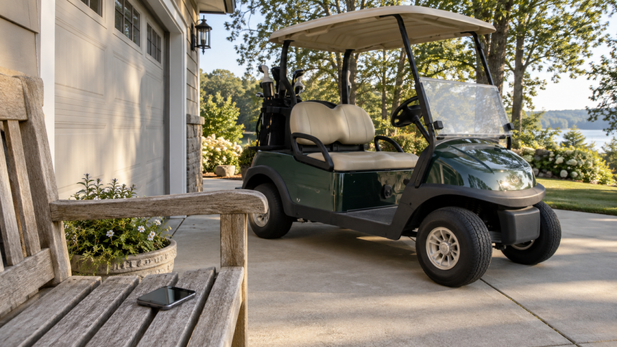 A golf cart parked beside a garage with a smartphone on a nearby bench.