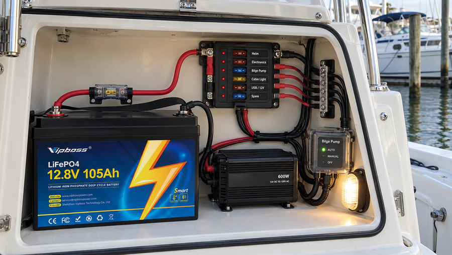 A 12V battery, inverter, fuse block, cooler, light, and clamp meter arranged on a workshop bench