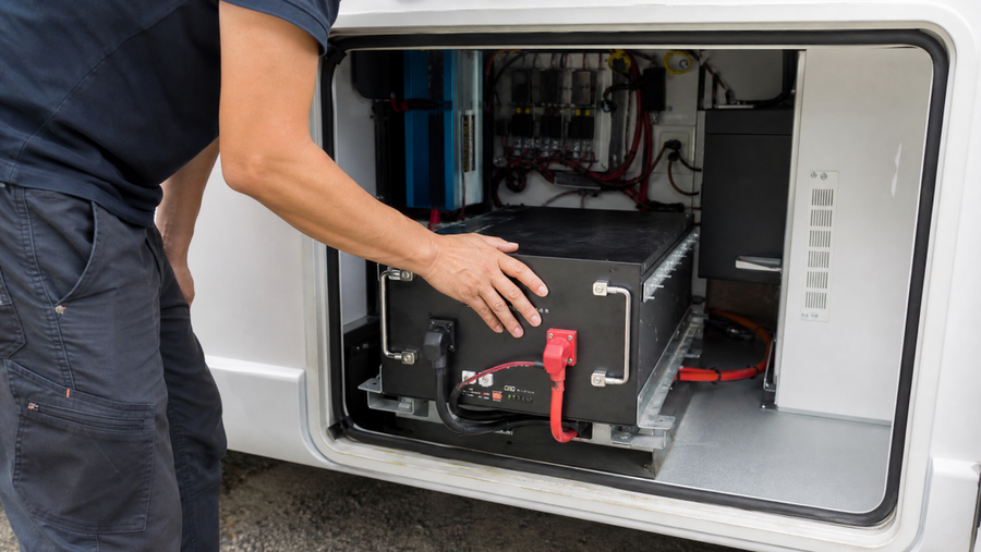 A person resting a hand on a large black battery inside a utility compartment