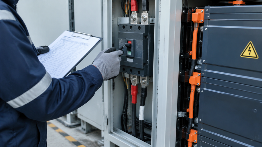 Technician holding a meter while inspecting a DC circuit breaker beside stacked lithium battery modules