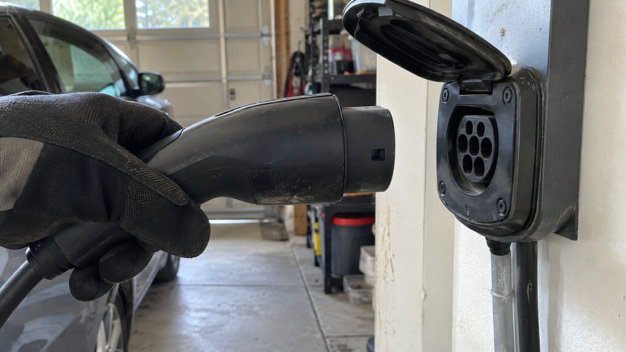 A mechanic holding a charger connector near an installed charging receptacle without plugging it in
