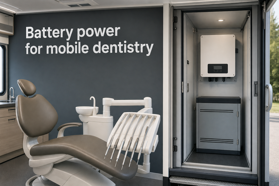 Mobile dental treatment setup with battery cabinet and inverter in a service vehicle