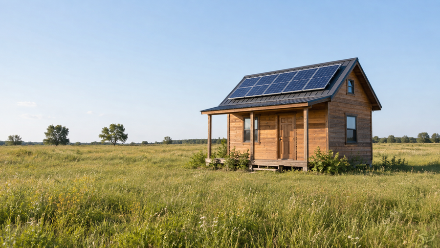 Small wooden cabin with rooftop solar panels in an open grassy field