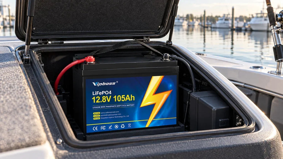 Vipboss 12.8V 105Ah LiFePO4 battery label inside the console compartment of a fishing boat at a marina