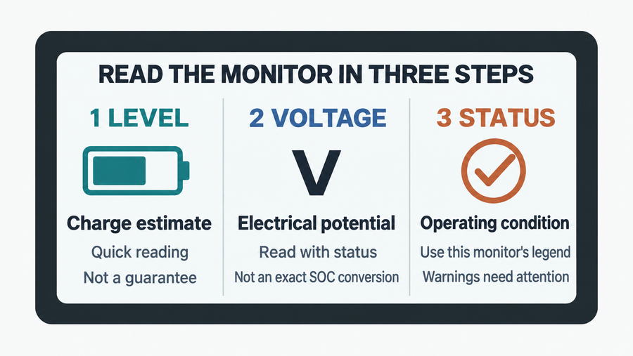 A large monitor-style diagram presents level, voltage and status as three direct reading steps with large icons and concise explanations.
