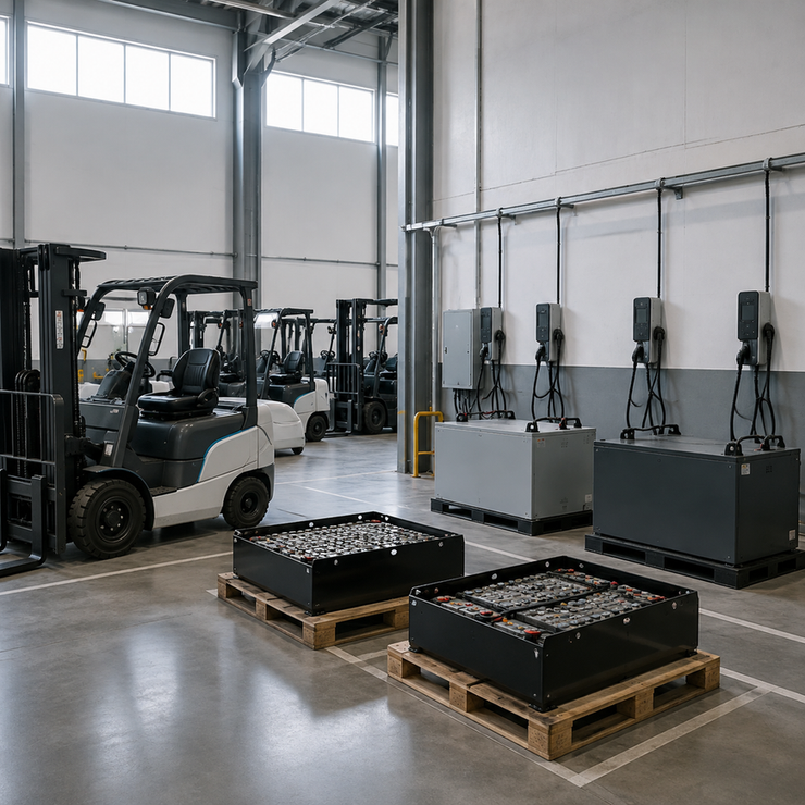 Warehouse fleet with forklifts, charging stations, and contrasting battery systems arranged for operational comparison