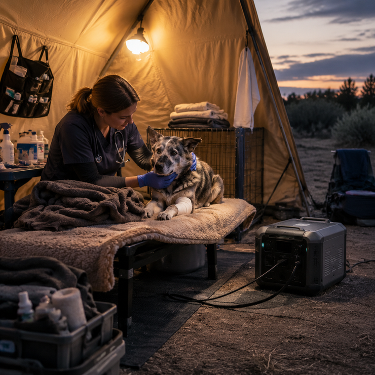 Clinician tends an anxious animal in a quiet shelter with a remote battery power unit