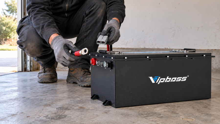 Crouching technician comparing a disconnected cable lug and connector with a lithium battery terminal