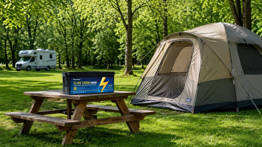 Vipboss 12.8V 320Ah LiFePO4 battery on a picnic table at a campsite with tent and RV.