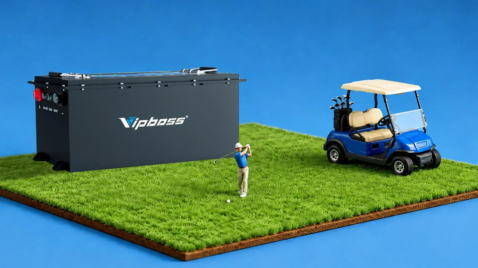 Vipboss 48V LiFePO4 battery placed beside a blue golf cart on a green course.