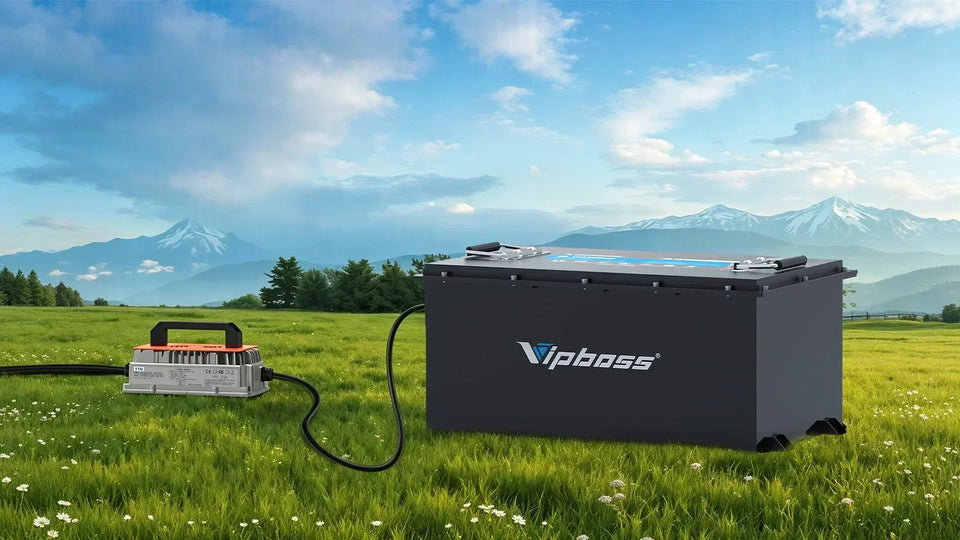 Vipboss LiFePO4 battery charging outdoors on grass with a compatible charger.