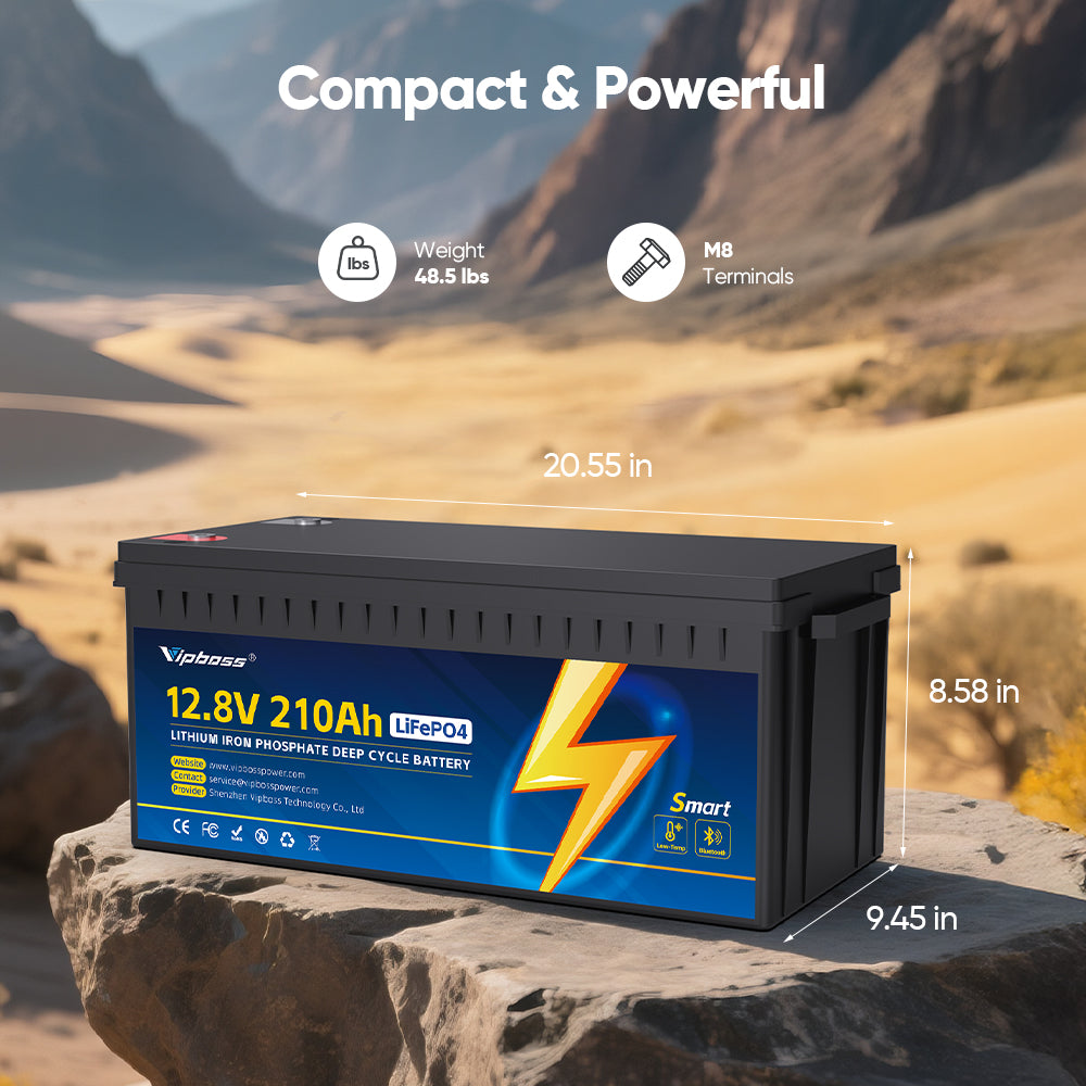 A compact 12.8V 210Ah LiFePO4 battery sits on a rock in a desert, labeled "Compact & Powerful" with dimensions and specs.