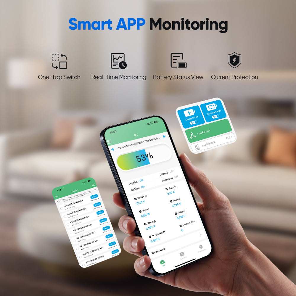 Vipboss LiFePO4 battery app monitoring showing 53% charge, voltage, and temperature via Bluetooth on a smartphone.