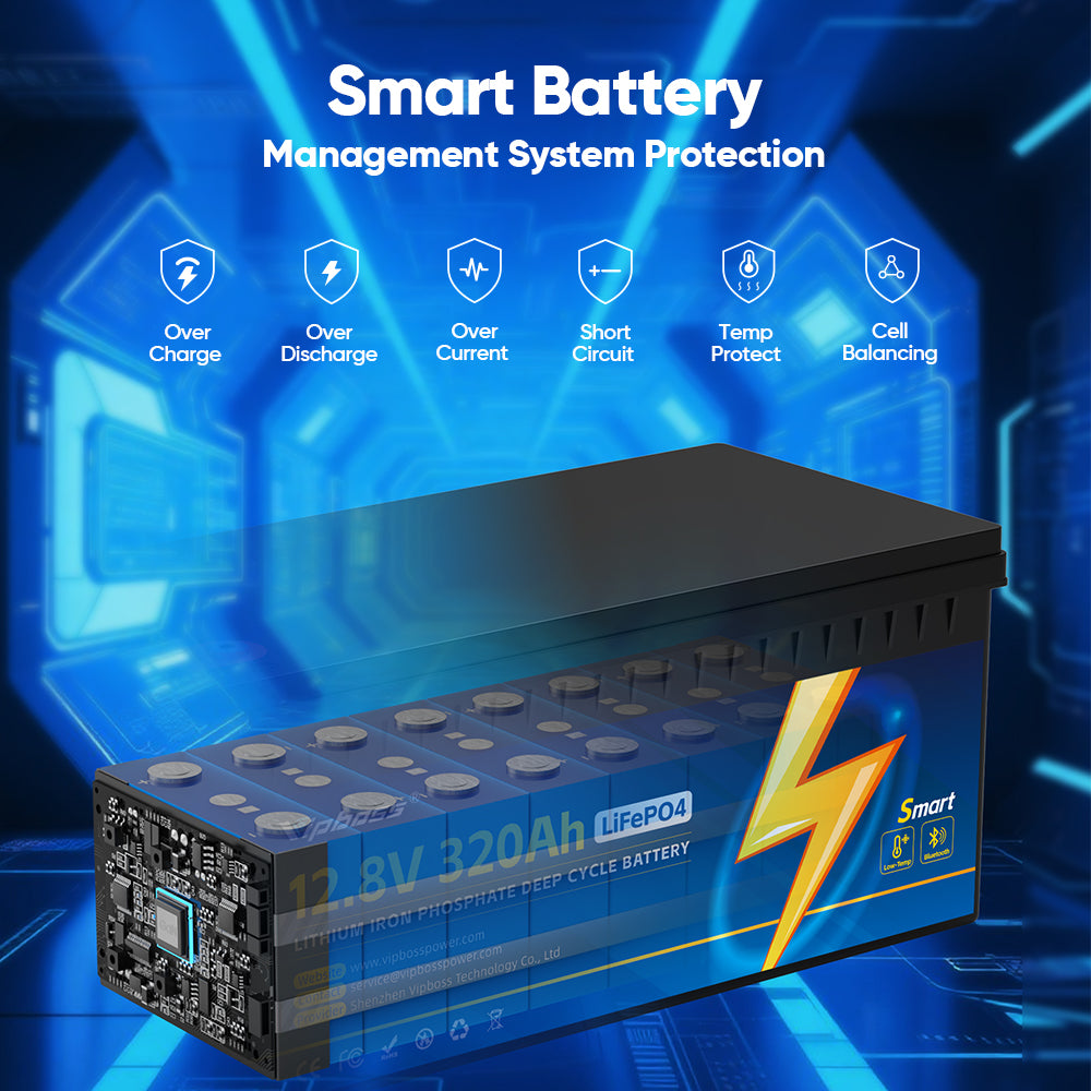 Vipboss 12.8V 320Ah LiFePO4 deep cycle battery with smart BMS protection features: Over Charge, Discharge, Current, Short Circuit, Temp Protect, Cell Balancing. Features Bluetooth and Low Temp.