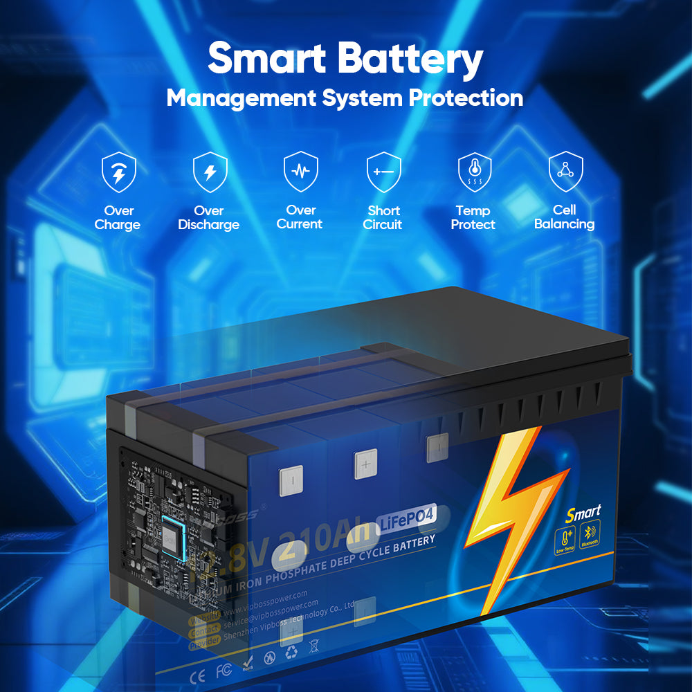 Vipboss 12V 210Ah LiFePO4 battery with smart BMS protection features including overcharge, over-discharge, and temp protection.
