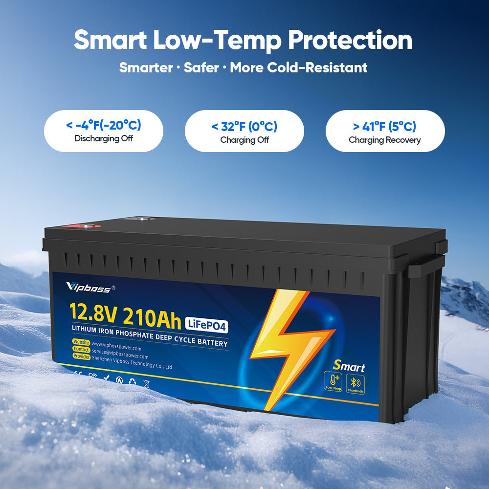 Vipboss 12.8V 210Ah LiFePO4 battery with smart low-temp protection. Discharges off below -4F, charges off below 32F.