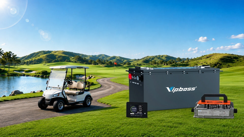 Golf cart and Vipboss lithium battery on a golf course