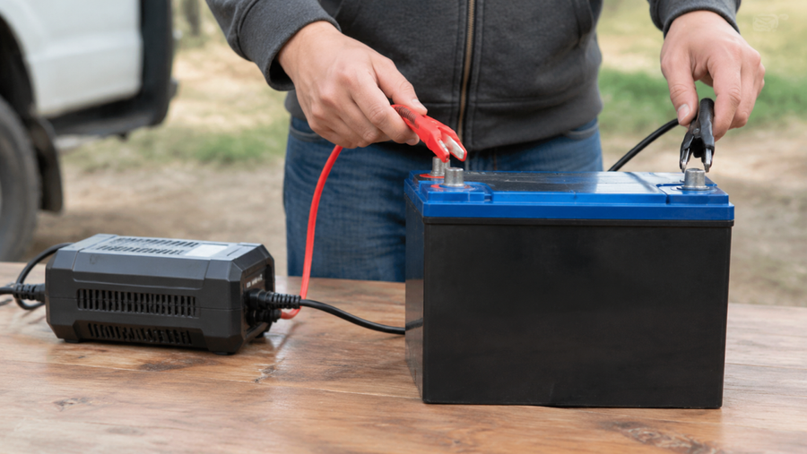 Person holding cable connectors beside a charger and a battery labeled 12V LiFePO4