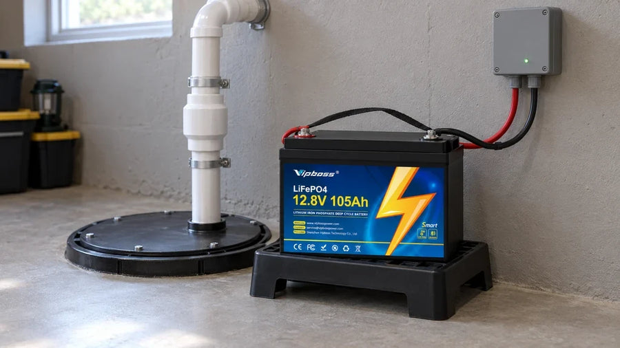 Vipboss 12V 105Ah LiFePO4 battery on a raised platform beside a basement sump pit, wired to a backup pump control box