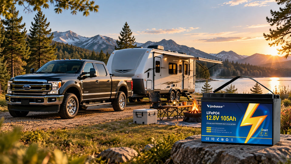 Vipboss 12.8V 105Ah LiFePO4 lithium battery for travel trailer camping by a lakeside