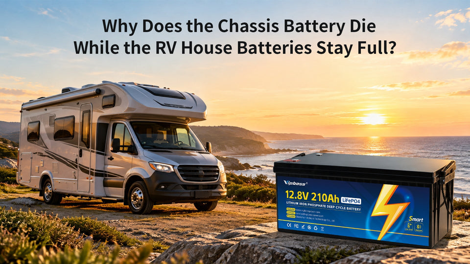 Vipboss 12.8V 210Ah LiFePO4 battery for RV house power, with a motorhome parked by the coast at sunset