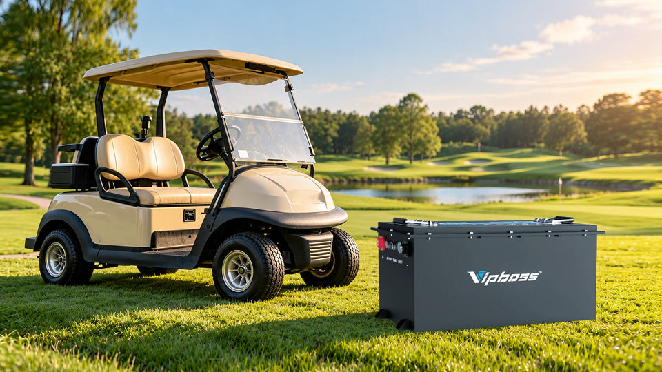 Vipboss golf cart with lithium battery pack parked on a golf course, illustrating a completed lithium conversion install.