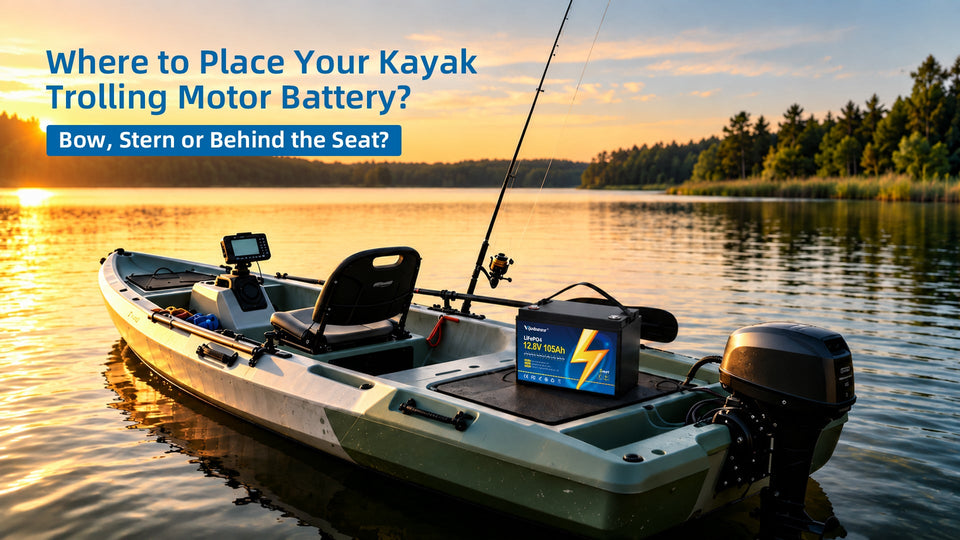 Kayak at sunset with a Vipboss LiFePO4 battery and trolling motor, showing bow, stern, and behind-the-seat battery placement.