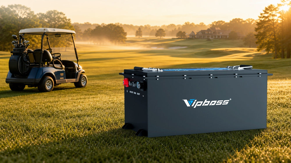 Vipboss golf cart lithium battery pack on a golf course with a golf cart in the background