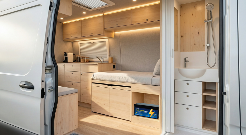 12.8V 320Ah LiFePO4 battery installed in modern camper van interior