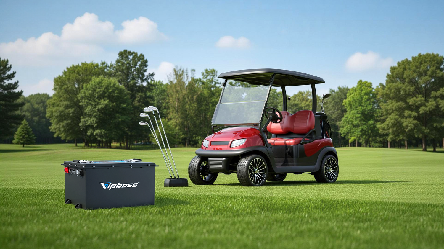 A red golf cart with black accents sits on a vibrant green course, next to a VIPBOSS battery box and golf clubs, under a clear blue sky.