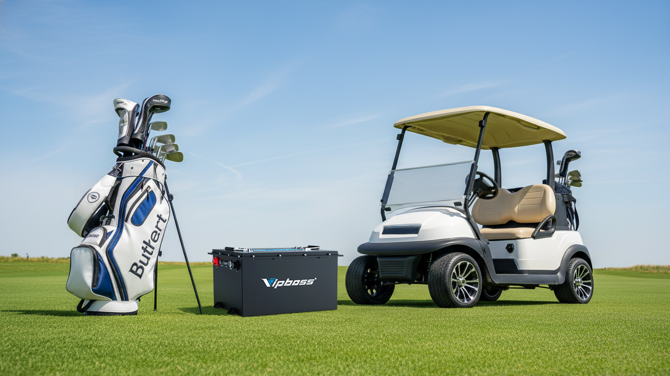 A white golf cart with a beige canopy sits on a green course, next to a VIPBOSS battery box and a Butternut golf bag filled with clubs.
